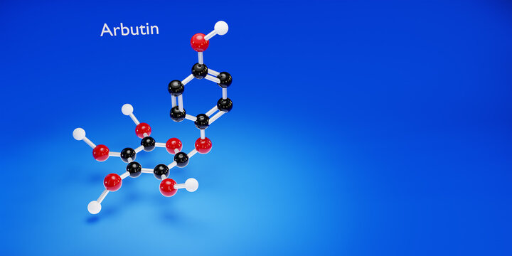 Molecule of Arbutin. Chemicals, micro and macronutrients. Periodic table of Mendeleev. Microelements necessary for humans. 3d render.