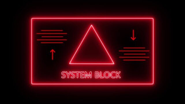 Glowing neon system block attempting to break into a digital animation system with a lock icon on the screen, System Block Warning Interface with Neon Alert Triangle..