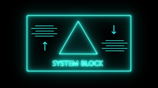 Glowing neon system block attempting to break into a digital animation system with a lock icon on the screen, System Block Warning Interface with Neon Alert Triangle..