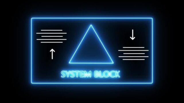 Glowing neon system block attempting to break into a digital animation system with a lock icon on the screen, System Block Warning Interface with Neon Alert Triangle..