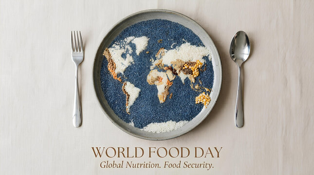 World map made of grains on plate for Food Day.