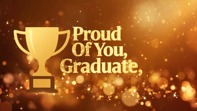 Proud of you graduate celebration golden trophy background with glowing glitter sparks and bokeh lights