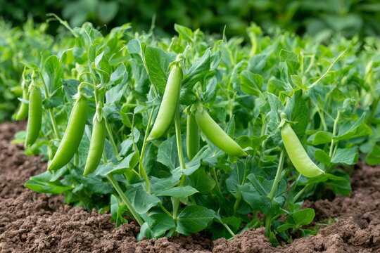 Green peas growing in organic garden soil