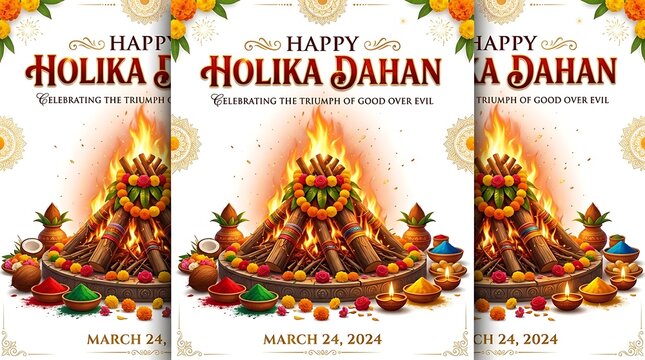 Holika Dahan festival bonfire celebration with vibrant flames. Traditional Hindu ritual pyre during Holi festival night with decorative patterns an...