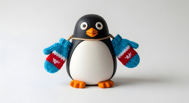 Adorable Pingu Toy with Mittens on White Background.