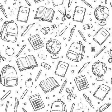 Black and white hand drawn school supply doodle pattern isolated on white background