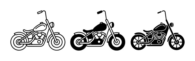 Motorcycle Icons Collection: Chopper, Cruiser, Bobber Styles, Black and White Vector Graphics for Transport and Lifestyle Themes © Farzana