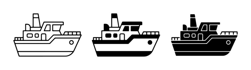 Set of Three Ship Icons: Outline, Filled, and Silhouette Vector Graphics for Maritime and Transport Themes © Farzana
