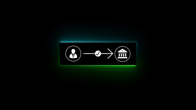 Person to building icon sequence with checkmark flat white silhouette on black background