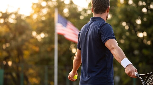 Male tennis player holding racket on court with American flag in background
