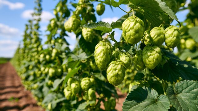 Green hops growing in a farming field under blue sky