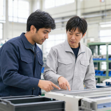 外国人スタッフが日本人先輩から工場の危険箇所確認を学ぶOJT
