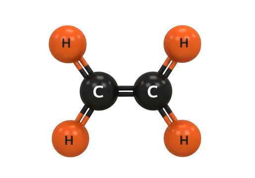 Ethene molecule model with labeled atoms on transparent background ethylene chemical