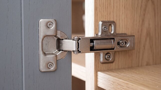 Close-up of modern furniture hinge on grey cabinet door