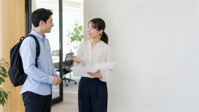 職場で外国人スタッフの入社オリエンテーションを行う日本人担当者