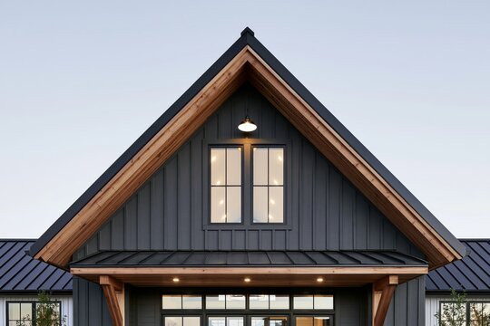 Charcoal modern farmhouse gable with wooden eaves and dormer windows, architectural detail, curb appeal, contemporary home design, summer.