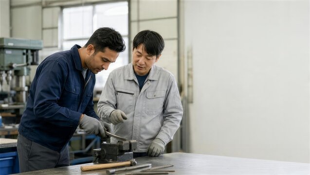 工場で工具の安全な扱い方を学ぶ外国人スタッフ