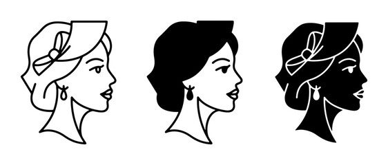 Fototapeta premium Elegant Woman Profile Icons, Vintage Lady Silhouette Set, Classic Female Head Vector Graphics, Retro Style Portrait Collection