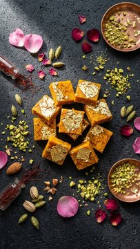 Saffron barfi sweets with gold leaf on dark stone with ingredients and rose petals
