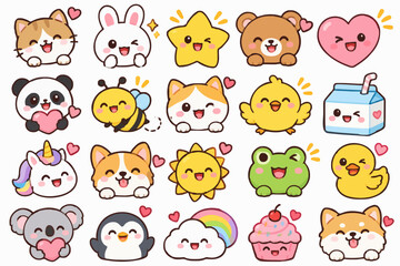 Fototapeta premium Kawaii Sticker Set Mix Animals, Food & Cute Things 