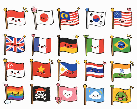 Set Icon Bendera Negara Versi Kawaii
