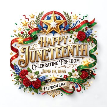 Happy Juneteenth celebration poster design. Emancipation Day graphic with gold star ribbons.