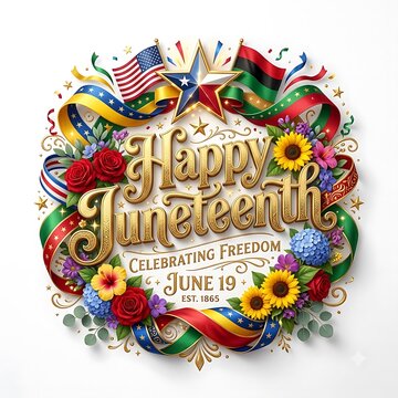 Happy Juneteenth celebration poster. Festive holiday design with flowers and ribbons.