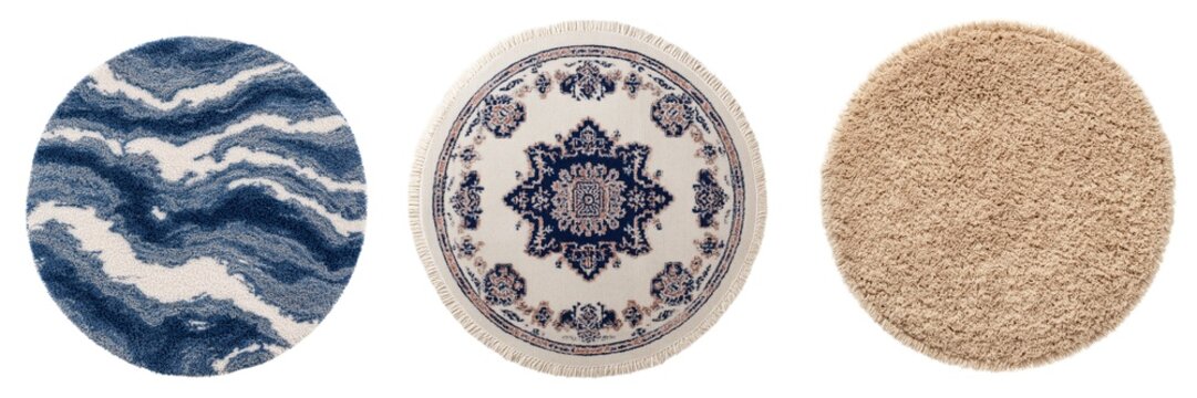 Round knitted and patterned floor rugs set isolated on transparent background. PNG. Generated AI