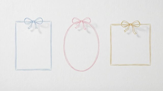 Elegant hand drawn gift box frames with colorful bows on textured white paper background animation