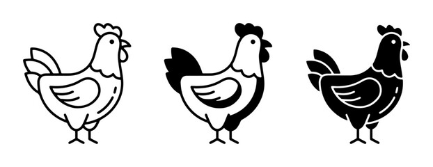 Obraz premium Chicken Icons Set, Rooster Vector Graphics, Farm Animal Illustrations, Poultry Silhouette Collection, Simple Line Art and Solid Fill Designs