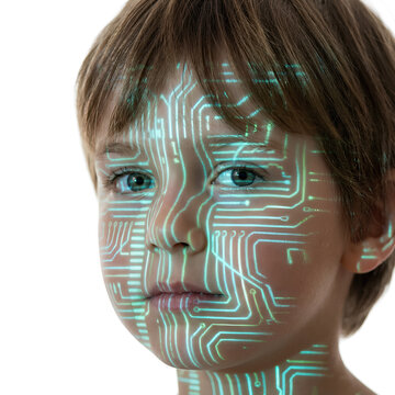 Child with Digital Circuit Face Art and Technology Theme.