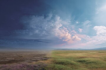 Obraz premium Wide landscape showing contrasting polluted barren land and green grassland for environmental duality poster and banner background