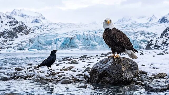 Bald Eagle Standing on Rock with Black Crow Nearby in Front of Glacier.