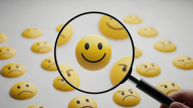 Magnifying glass held by hand focusing on a single yellow 3D smiling emoji face among many blurred frowning and sad icons on a light gray surface, concept of finding positivity.
