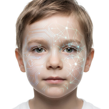 Child with Digital Network Face Art and Light Effects.