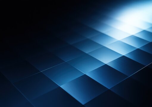 Dark blue brushed metal diamond tile floor with bright light source from upper right, dramatic spotlight on geometric surface