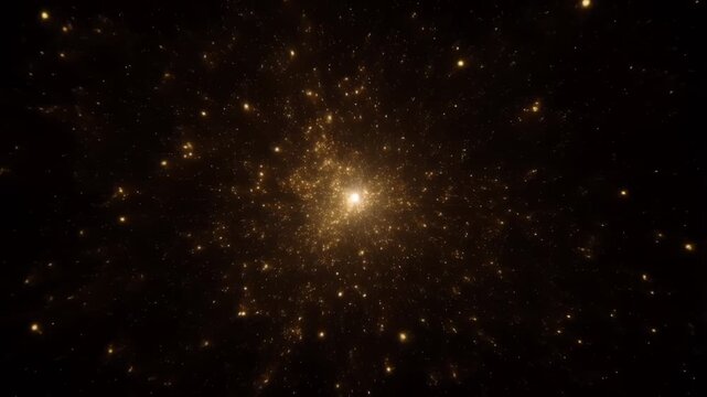 Golden starburst pattern in dark space with glowing particles