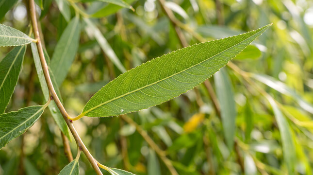Close up of a green white willow leaf on a branch in natural sunlight