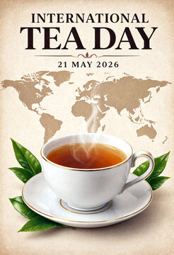 Celebrate international tea day with a hot cup and world map design illustration