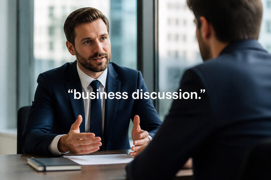 Two men in suits are engaged in a business discussion at a modern office desk.