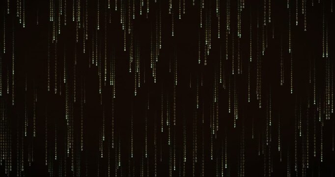 Hexadecimal code rain animation with amber terminal color and layered parallax effect.
