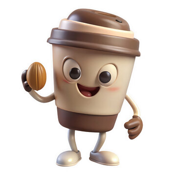 Cute cartoon coffee cup character holding coffee bean as cut out PNG