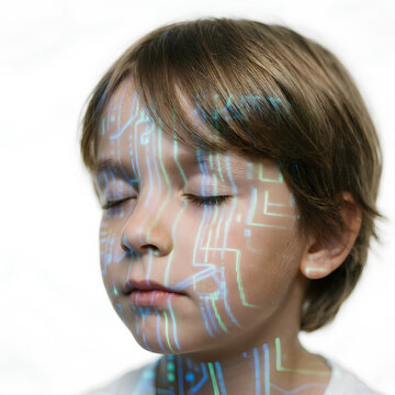 Child with Futuristic Digital Face Paint and Circuitry Design.