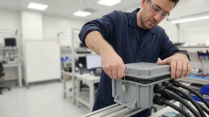Obraz premium Technician securing a robust industrial junction box within a clean high-tech laboratory environment emphasizing precision engineering and assembly