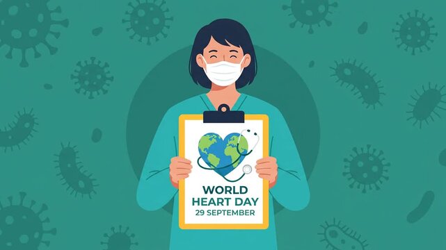 Nurse holding clipboard for World Heart Day celebration with medical background