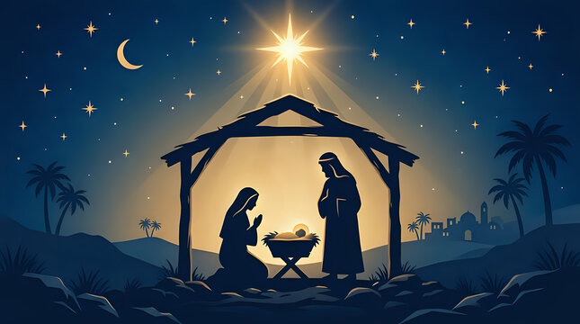 Nativity scene silhouette with joseph and mary beside baby jesus under a bright star nativity christmas silhouette religious christian religion background