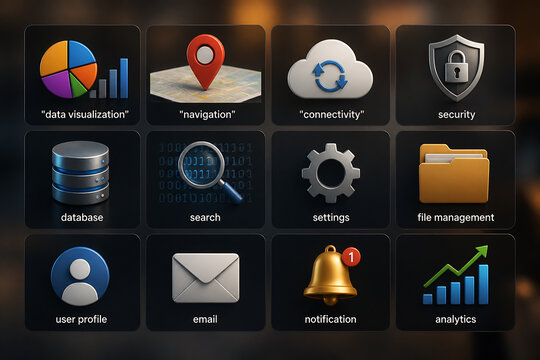 A grid of icons representing various software features like data visualization, security, and analytics.