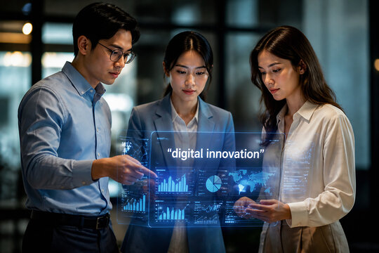 Three young professionals look at a holographic display showing digital innovation data in an office setting.
