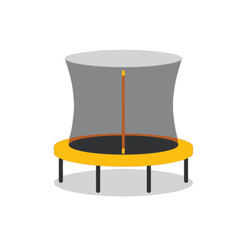 A flat vector icon of a circular backyard trampoline with safety enclosure net and yellow frame for kids sport activity and fitness exercise illustration isolated on transparent background, Vector