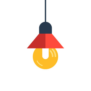 A simple flat vector icon of a hanging ceiling lamp with a red shade and a glowing yellow light bulb for interior design and home decor concepts isolated on transparent background, Vector